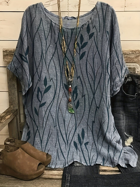 Plus Size Elegant T-shirt, Women's Plus Casual Floral Print Round Neck Half Sleeve Tee