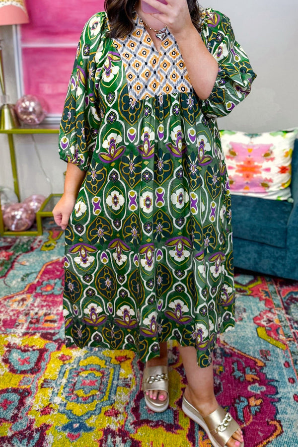 Women's Plus Size Green Floral Viscose V-Neck Midi Dress