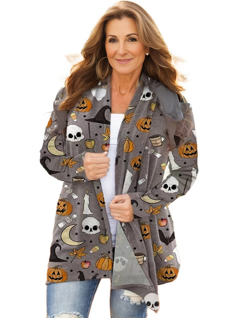 Plus Size Halloween Casual Cardigan, Women's Plus Graphic Print Long Sleeve Open Front Cardigan