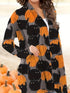 Plus Size Halloween Coat, Women's Pus Allover Cat & Pumpkin Print Long Sleeve Open Front Medium Stretch Cardigan Overcoat