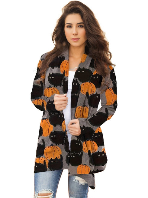 Plus Size Halloween Coat, Women's Pus Allover Cat & Pumpkin Print Long Sleeve Open Front Medium Stretch Cardigan Overcoat