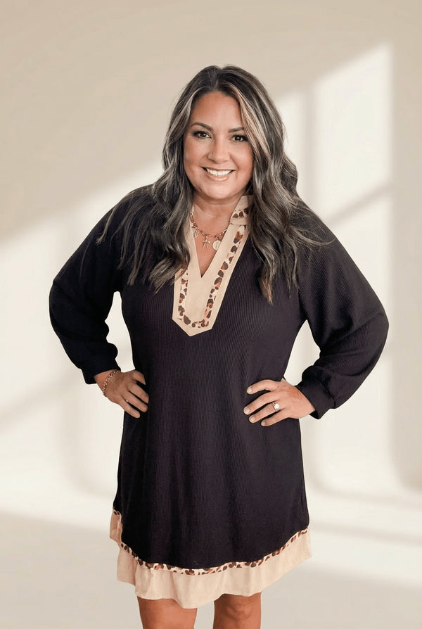 Women's Plus Size Leopard Trim Ribbed Knit Shift Dress in Black