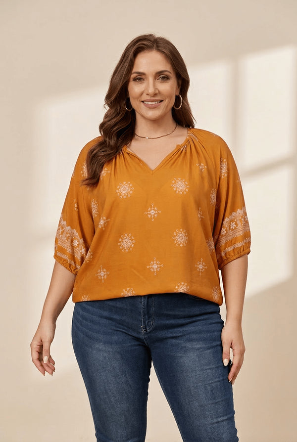 Women's Plus Size Ochre Boho Viscose Blouse with Notched V-Neck