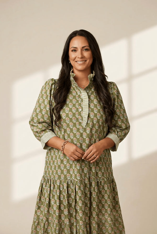 Women's Plus Size Olive Floral Tunic Dress with Contrast Stripes