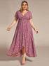 Plus Size Short Sleeve Ruffled V-Neck A-Line Lace Evening Dress