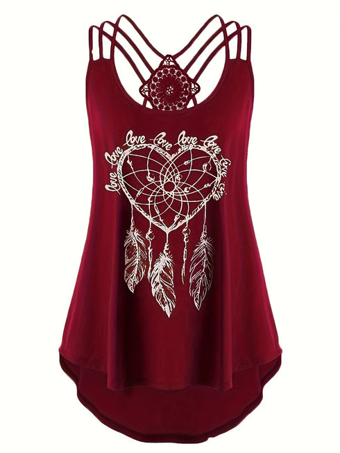 Plus Size Solid Contrast Lace Criss Cross Cami Top, Women's Plus Slight Stretch Casual Top