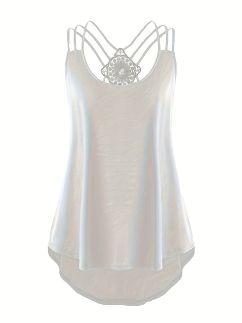 Plus Size Solid Contrast Lace Criss Cross Cami Top, Women's Plus Slight Stretch Casual Top