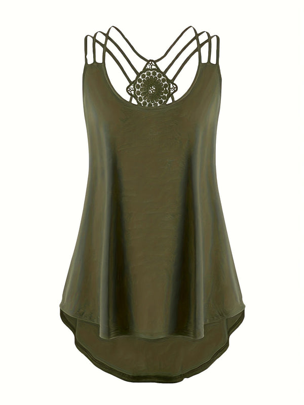 Plus Size Solid Contrast Lace Criss Cross Cami Top, Women's Plus Slight Stretch Casual Top