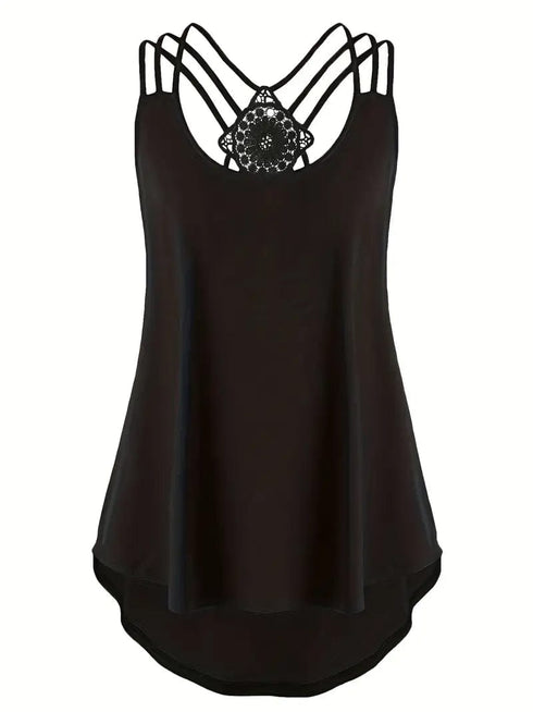 Plus Size Solid Contrast Lace Criss Cross Cami Top, Women's Plus Slight Stretch Casual Top