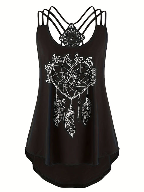 Plus Size Solid Contrast Lace Criss Cross Cami Top, Women's Plus Slight Stretch Casual Top