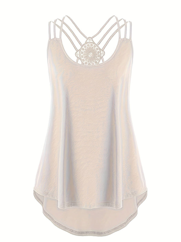 Plus Size Solid Contrast Lace Criss Cross Cami Top, Women's Plus Slight Stretch Casual Top