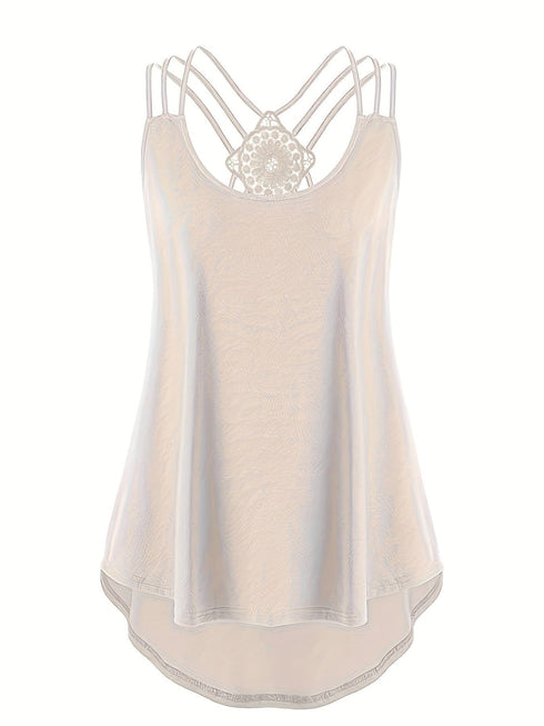 Plus Size Solid Contrast Lace Criss Cross Cami Top, Women's Plus Slight Stretch Casual Top