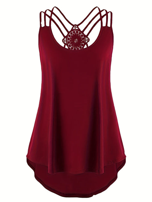 Plus Size Solid Contrast Lace Criss Cross Cami Top, Women's Plus Slight Stretch Casual Top