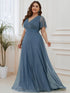 Plus Size V Neck Ribbon Waist Formal Evening Dress With Sleeves