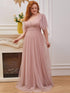 Plus Size V Neck Tulle Formal Evening Dress with Ruffle Sleeves