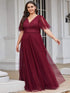 Plus Size V Neck Tulle Formal Evening Dress with Ruffle Sleeves