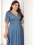 Plus Size V Neck Tulle Formal Evening Dress with Ruffle Sleeves