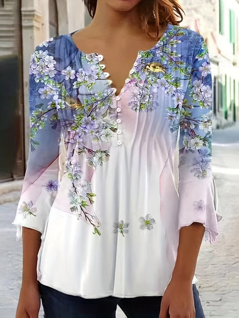 Plus Size Women's Floral Print Bell Sleeve Ruched Henley T-shirt