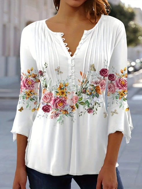 Plus Size Women's Floral Print Bell Sleeve Ruched Henley T-shirt