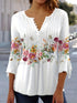 Plus Size Women's Floral Print Bell Sleeve Ruched Henley T-shirt