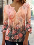 Plus Size Women's Floral Print Bell Sleeve Ruched Henley T-shirt