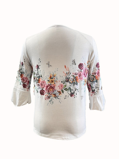 Plus Size Women's Floral Print Bell Sleeve Ruched Henley T-shirt