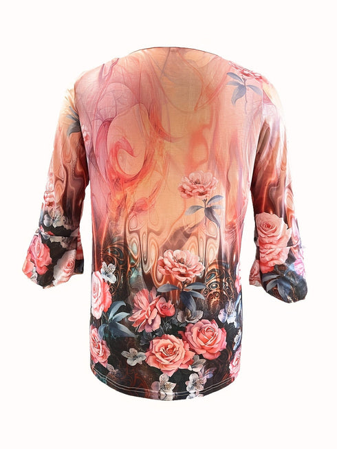 Plus Size Women's Floral Print Bell Sleeve Ruched Henley T-shirt