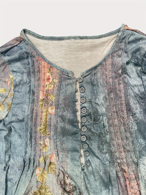 Plus Size Women's Floral Print Bell Sleeve Ruched Henley T-shirt