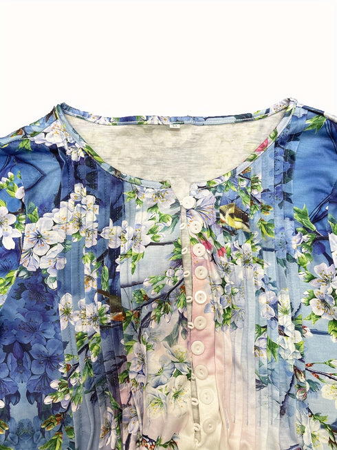 Plus Size Women's Floral Print Bell Sleeve Ruched Henley T-shirt