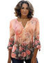 Plus Size Women's Floral Print Bell Sleeve Ruched Henley T-shirt