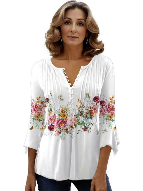 Plus Size Women's Floral Print Bell Sleeve Ruched Henley T-shirt