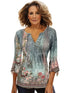 Plus Size Women's Floral Print Bell Sleeve Ruched Henley T-shirt