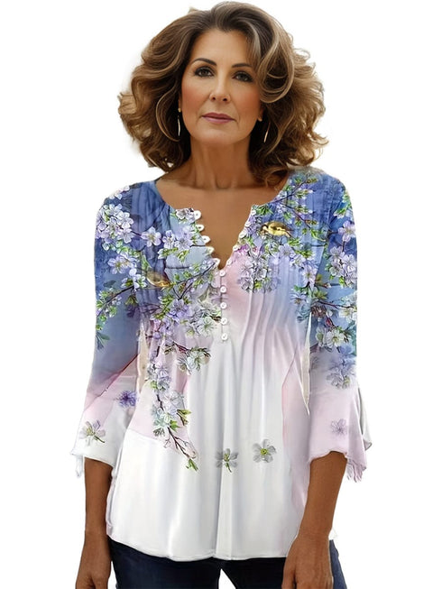 Plus Size Women's Floral Print Bell Sleeve Ruched Henley T-shirt