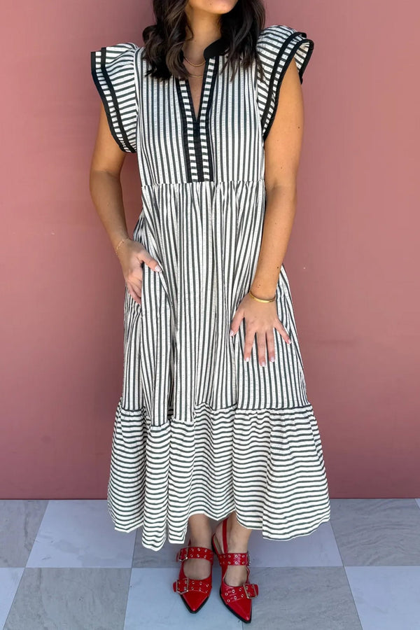 Plus Size Women's Black Striped Maxi Dress with Slit, V-Neck, and Flutter Sleeves for Chic Summer Events