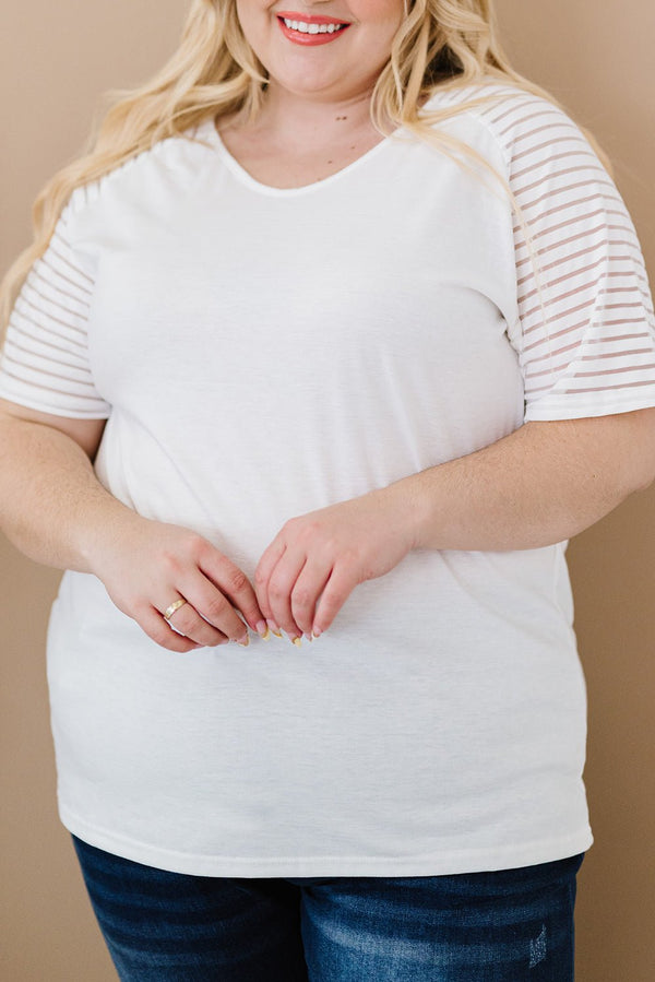 Women's White Striped Raglan Plus Size Tee in Plus Size Tops