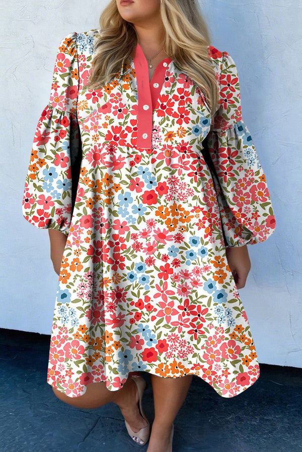 Women's Floral Puff Sleeve Empire Waist Mini Dress with Henley Neck