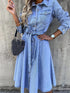 Pocket Lapel Belted Long Sleeve Denim Dress