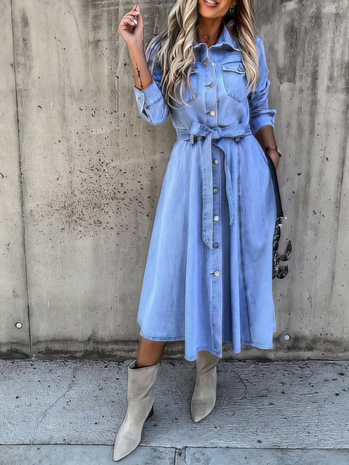 Pocket Lapel Belted Long Sleeve Denim Dress