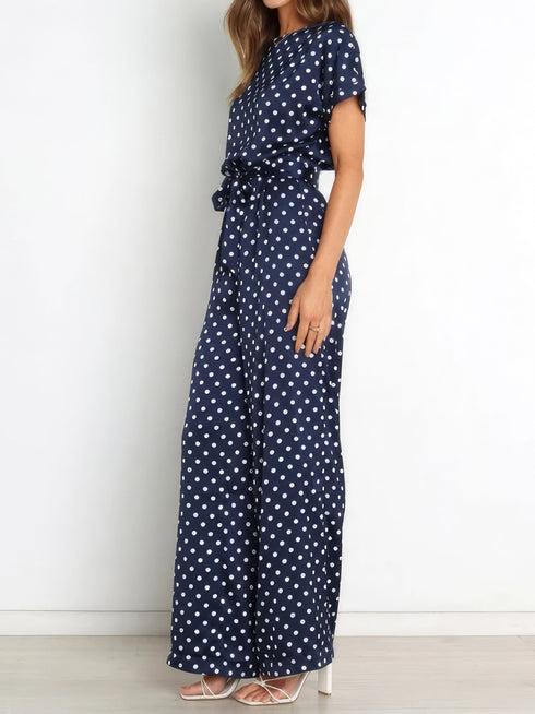 Polka Dot Print Belted Short Sleeve Jumpsuit