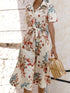 Printed Lace Up Lapel Waist Short Sleeved Midi Dress