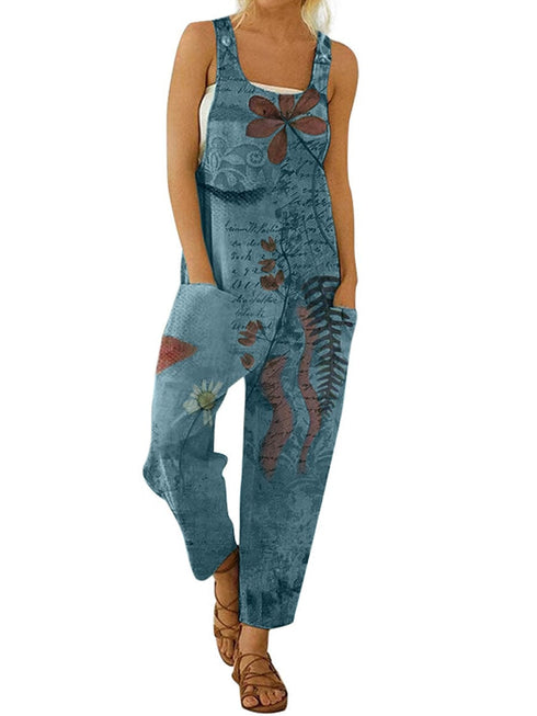 Printed Loose Sleeveless Jumpsuit - Square - Bare - Bateau