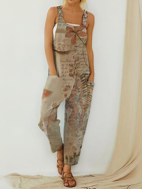 Printed Loose Sleeveless Jumpsuit - Square - Bare - Bateau