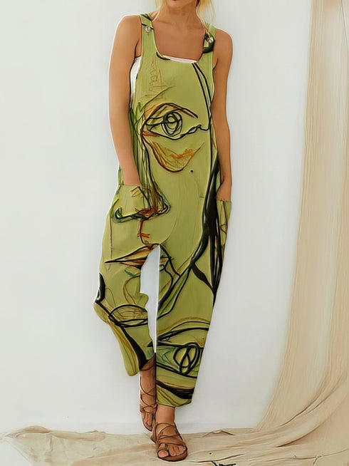 Printed Loose Sleeveless Jumpsuit - Square - Bare - Bateau