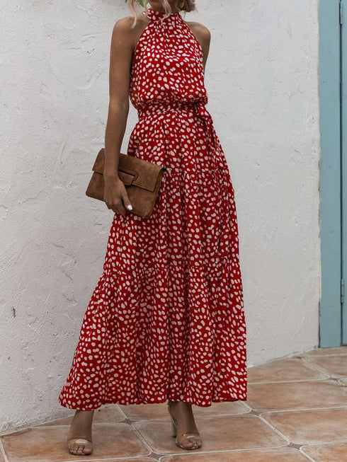Printed Sleeveless Tie Waist Maxi Dress
