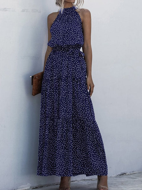 Printed Sleeveless Tie Waist Maxi Dress