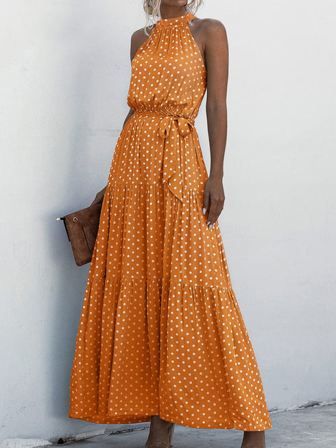 Printed Sleeveless Tie Waist Maxi Dress
