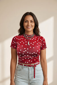 Women's Racing Red Heart Print Mesh Mock Neck Top