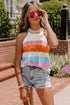 Rainbow Striped Pointelle Knit Sleeveless Sweater Vest