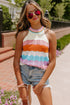 Rainbow Striped Pointelle Knit Sleeveless Sweater Vest