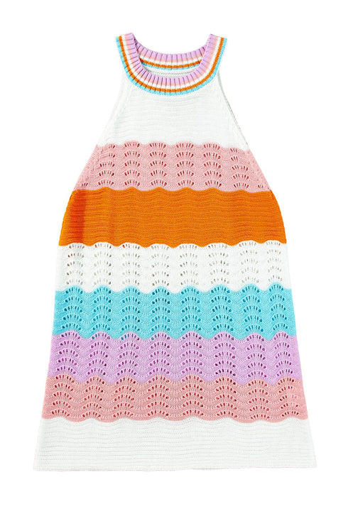 Rainbow Striped Pointelle Knit Sleeveless Sweater Vest